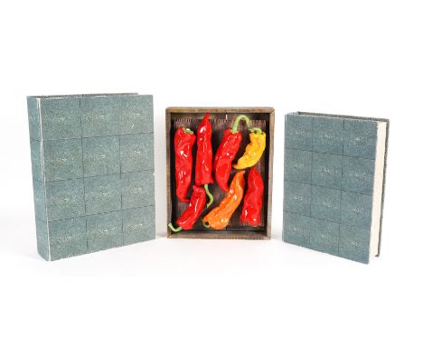 DIANA TONNISON, A CERAMIC AND WOOD PEPPER SCULPTURE (3)From 'The Pantry Collection', the seven ceramic peppers mounted on a c