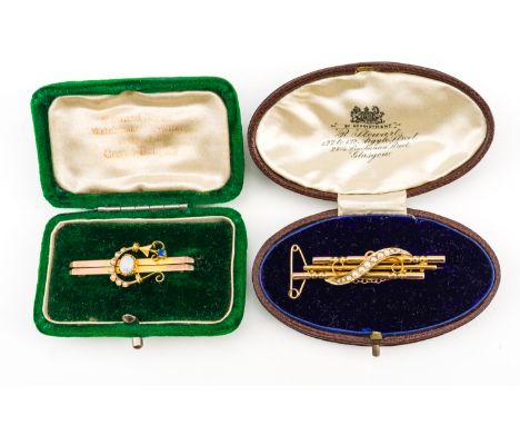 TWO GOLD AND GEM SET BROOCHES (2)Comprising; a gold and seed pearl brooch, in a triple bar and scroll design, mounted with se
