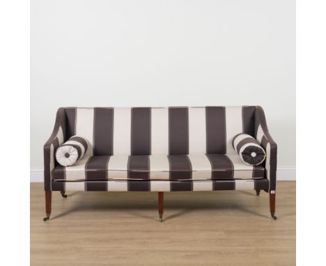 A 19TH CENTURY SQUARE BACK SOFAWith striped upholstery on tapering supports, 188cm wide; 88cm highGood overall condition no m