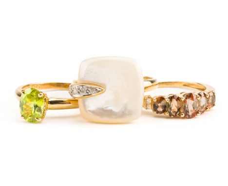 A 9CT GOLD, MOTHER-OF-PEARL AND DIAMOND RING AND TWO FURTHER RINGS (3)The first ring mounted with a square mother-of-pearl pa