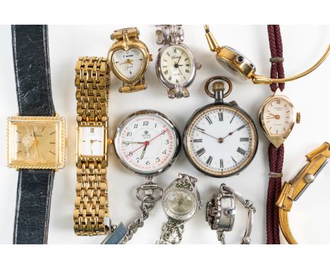 A GROUP OF ELEVEN LADY'S WATCHES (11)`Comprising; two gilt metal bangle wristwatches, a nurse's watch, a gun metal cased, key