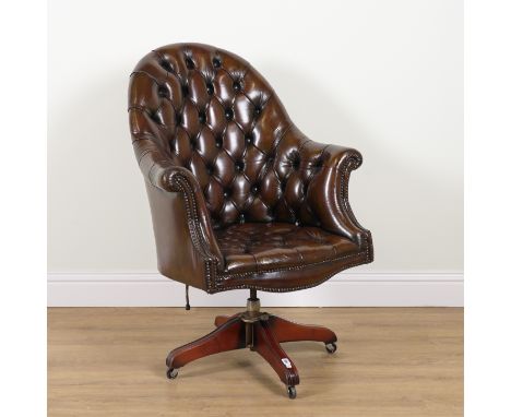 A TAN LEATHER BUTTON UPHOLSTERED TUB BACK OFFICE SWIVEL CHAIR82cm wide; 114cm high