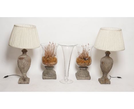 A PAIR OF FAUX STONE BALUSTER TABLE LAMPS AND A PAIR OF GLASS HURRICANE LAMPS (5)Modern
With shades, 75cm high, the hurricane