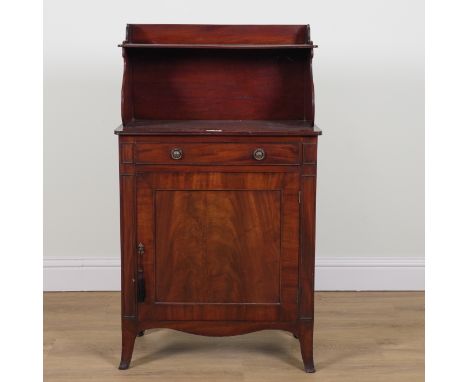 A REGENCY MAHOGANY SHELF BACK CHIFFONIERWith single drawer over cupboard, 70cm wide; 33cm deep; 119cm highOld marks and scrat