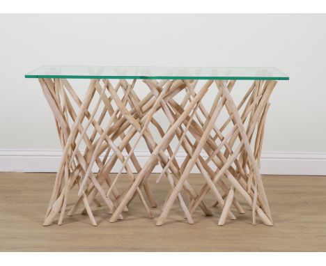 A 20TH CENTURY GLASS TOPPED DRIFT WOOD CONSOLE TABLE130cm wide; 46cm deep; 79cm high