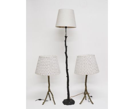 A MODERN BRONZE NATURALISTIC STANDARD LAMP TOGETHER WITH A SIMILAR PAIR OF BRONZE EFFECT TABLE LAMPS WITH SHADES (3)Standard 