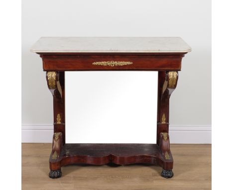 A CHARLES X MARBLE TOPPED GILT METAL MOUNTED MAHOGANY CONSOLE TABLEWith cushion frieze drawer and mirrored back, 100cm wide; 