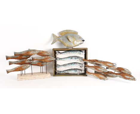 DIANA TONNISON, A CERAMIC AND WOOD FISH SCULPTURE (4)From 'The Pantry Collection', the four raku glazed fish mounted on a cer