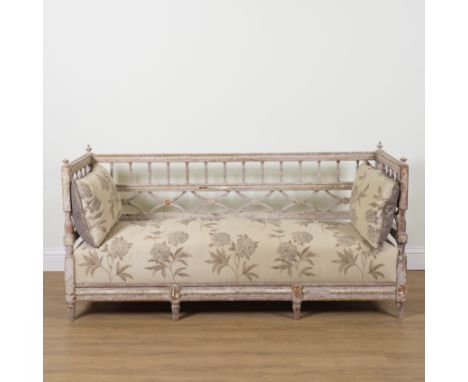 A 19TH CENTURY SWEDISH PAINTED PINE SOFAWith upholstered seat over turned supports, 185cm wide; 63cm deep; 95cm highThe sofa 