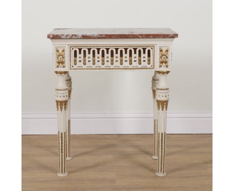 AN 18TH CENTURY STYLE ITALIAN MARBLE TOPPED CONSOLE TABLEOn cream painted parcel gilt base, 67cm wide; 37cm deep; 78cm high