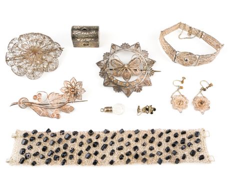 A GROUP OF FILIGREE JEWELLERY AND THREE FURTHER ITEMS (9)Comprising; three brooches, two bracelets, a pair of earrings, a sma