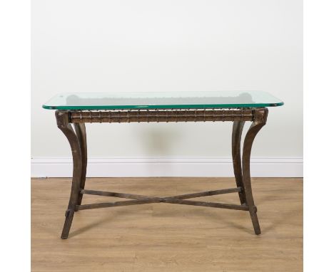 A FAUX BRONZE PAINTED METAL GLASS TOPPED CONSOLE TABLE126cm wide; 46cm deep; 75cm high