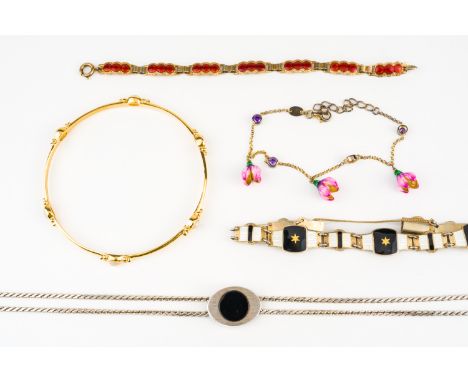 TWO NORWEGIAN SILVER GILT AND ENAMELLED BRACELETS AND THREE FURTHER ITEMS (5)Comprising; a black and cream coloured enamel br