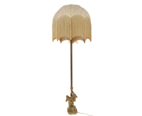 A LOUIS XVI STYLE GILT-METAL FLOOR STANDING LAMP (2)Early 20th Century 
The base modelled with two winged putti supporting a 