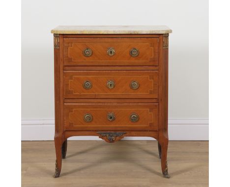 A LOUIS XV STYLE MARBLE TOPPED PETITE COMMODEThe marble top over a gilt metal mounted walnut three drawer base, 66cm wide; 35