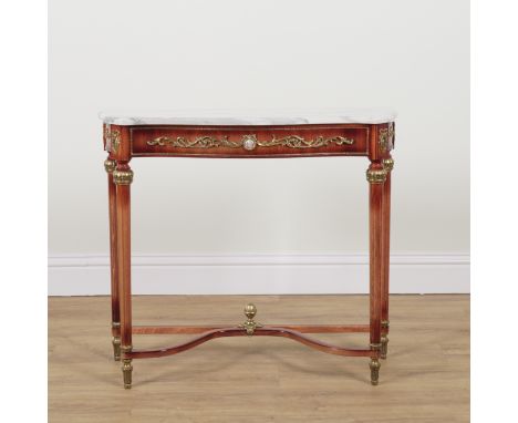 AN 18TH CENTURY STYLE FRENCH MARBLE TOP CONSOLE TABLEOn gilt metal mounted mahogany and stained beech base, 89cm wide; 30cm d