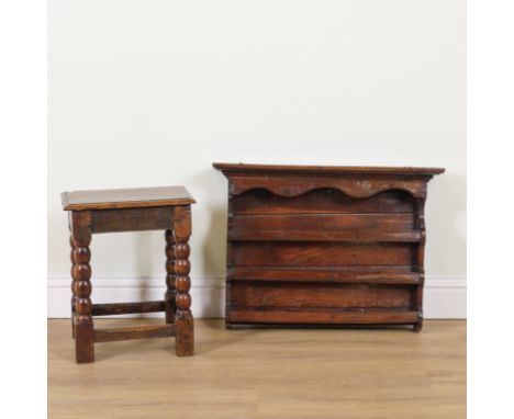 A WILLIAM AND MARY OAK HANGING RACK (2)78cm wide; 18cm deep; 57cm high, and an 18th century oak joint stool on bobbin turned 