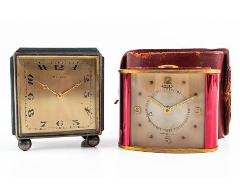 A SILVER AND BLOODSTONE SQUARE CASED TRAVELLING CLOCK AND ANOTHER CLOCK (2)The first with a keyless wind jewelled lever movem