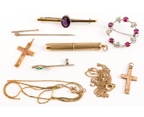 A 9CT GOLD PROPELLING TOOTHPICK AND SEVEN ITEMS OF JEWELLERY (9)The toothpick with engine turned decoration, gross weight 5.6