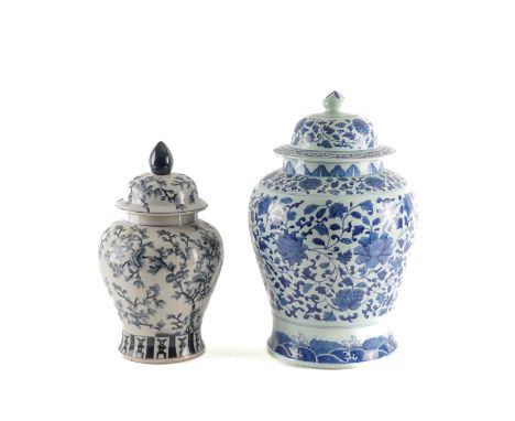 A GROUP OF FIVE LARGE MODERN CERAMIC DECORATIVE VASES INCLUDING TWO GINGER JARS WITH COVERSIncluding a crackle glazed blue ex