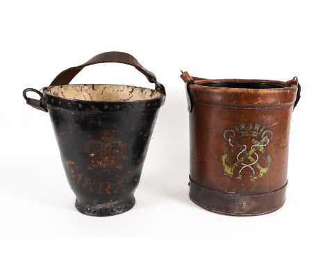 A VICTORIAN BLACK PAINTED AND GILT STENCILLED FIRE BUCKET (2)Riveted, with crown and labelled GARRARD, 29cm high; 29cm diamet