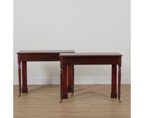 A PAIR OF RECTANGULAR MAHOGANY CONSOLE TABLES (2)On turned front supports, elements 19th Century, 102cm wide; 33cm deep; 79cm