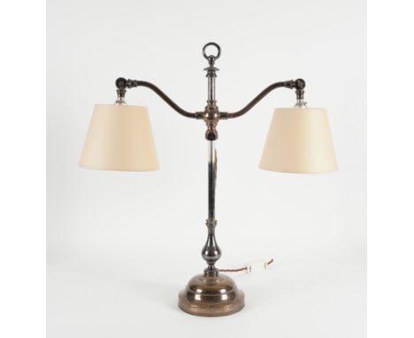 A PAIR OF 20TH CENTURY HEIGHT ADJUSTABLE SILVER PLATED TABLE LAMPS (3)Together with a similar height adjustable twin lamp tab