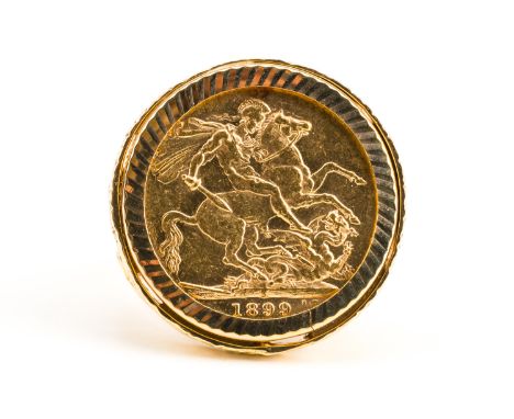 A VICTORIA OLD HEAD SOVEREIGN MOUNTED AS A RINGThe soveriegn 1899 S, detailed 9 CT, ring size X, weight 14.3 grams, with a ca