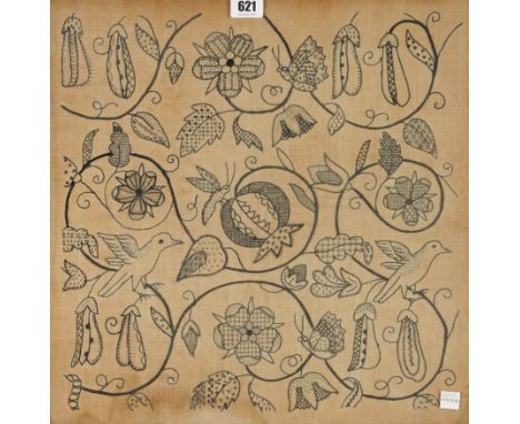 A COTTON EMBROIDERED SAMPLER IN THE ELIZABETHAN STYLE (2)19th Century 
With scrolling tendrils of fruit, flower-heads, seed p