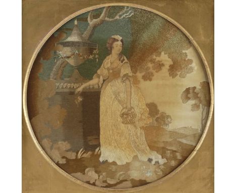 A GEORGE III NEEDLEWORK SAMPLER BY GRACE WALLIS AND TWO REGENCY SILKWORK PICTURES (3)The first mounted in a gilt gesso and wo
