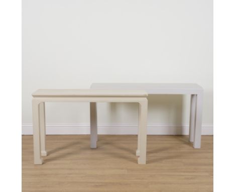 TWO SIMILAR CHINESE STYLE PAINTED CONSOLE TABLES (2)The largest 140cm wide; 46cm deep; 77cm high