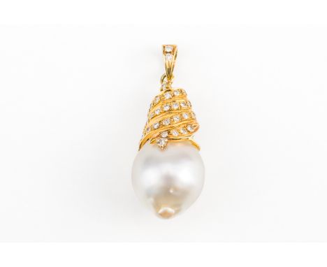 A GOLD, CULTURED PEARL AND DIAMOND PENDANTThe mount of spiral form, set with round brilliant cut diamonds above a single baro