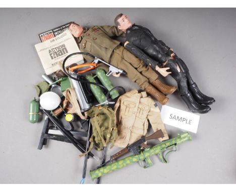 An Action Man with scuba gear (perished), another Action Man with Army Fatigues, and a quantity of other related accessories,