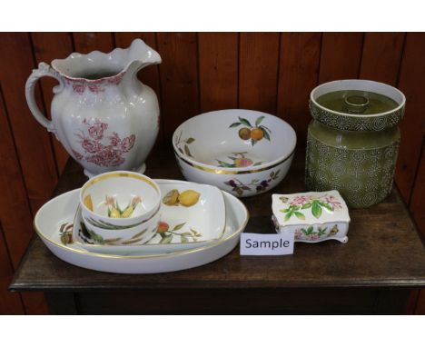 A quantity of Royal Worcester, "Evesham" pattern china, a Princess Royale jardiniere, three wash jugs and other items