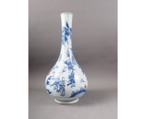 A Chinese blue, white and iron oxide bulbous bottle neck vase with figures in a landscape decoration, six-character mark to b