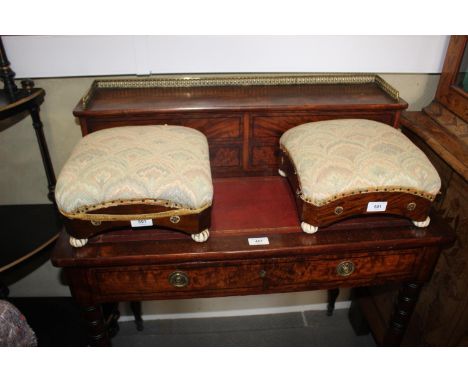 A pair of mid 19th century figured walnut footstools, on ceramic feet, 11" square x 6" high, and a&nbsp;Victorian carved rose