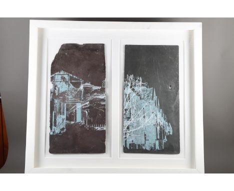 Acrylic on slate, a pair of architectural studies, in common frame 