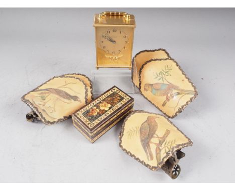 A Tonbridge ware ring box, 3 1/2" wide, six vellum shades with bird designs and a miniature carriage clock 