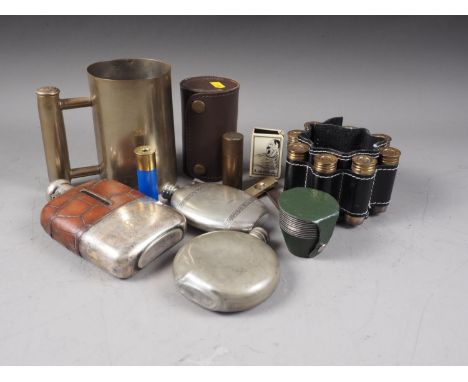 A silver plated and leather mounted hip flask, a Solingen cigar cutter, a vesta case holder, a set of shot glass measures, fo