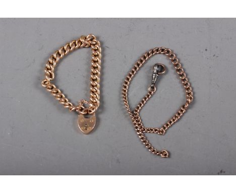A yellow fancy link bracelet with heart-shaped clasp, stamped "15", 16.6g, and a 9ct gold link chain with base metal clasp, 1