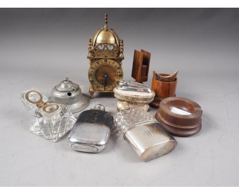 A gilt metal English Lantern clock, 7" high, two silver plated hip flasks, a wooden vesta holder, two ink wells and other ite