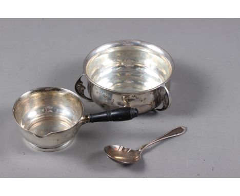 An English silver three moon-faced handled dish, a Danish silver brandy warmer and a tea caddy spoon, 6.43oz troy approxCondi