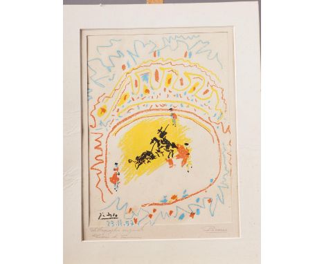 Picasso: colour lithograph, "Le Petit Corrida", 12" x 8 3/4", unframed with associated pencil signed mount 