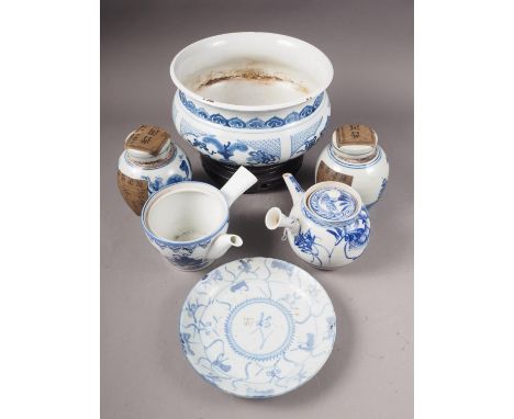 A Chinese blue and white jardiniere with panelled precious object decoration, 8 3/4" dia x 5" high (rim frits), on associated