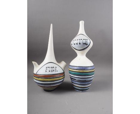 Roger Capron: an abstract shaped "Fine" vessel with multi-coloured enamelled bands, 13" high (chips to rims) and another simi
