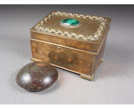 A brass stationery box with engraved and chain decoration, set malachite, 7 1/2" wide, and a hardstone paperweight, 3 1/2" hi