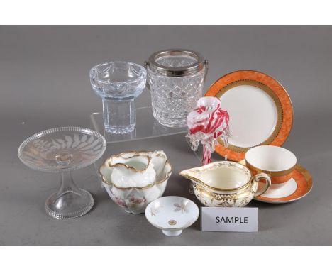 A pair of fine engraved bonbon stands, 5" high, a Royal Brierley cut glass candlestick and other glassware, an orange and gil