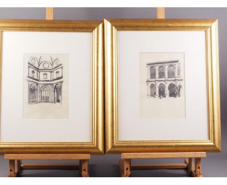 Two pen and wash Italian architectural studies, 10" x 7", in gilt frames 
