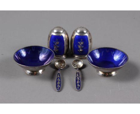 A Danish silver and blue enamelled six-piece cruet set, 3.6oz troy approx, peppers marked Sterling (damages to enamel)Conditi