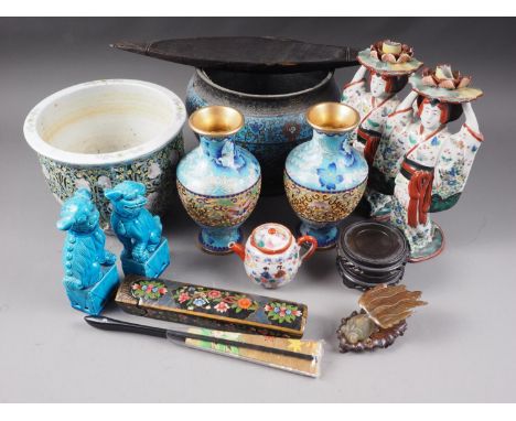 A pair of Chinese model Dogs of Fo, 6 1/2" high, a champleve jardiniere with floral decoration, a pair of cloisonne vases, 8"